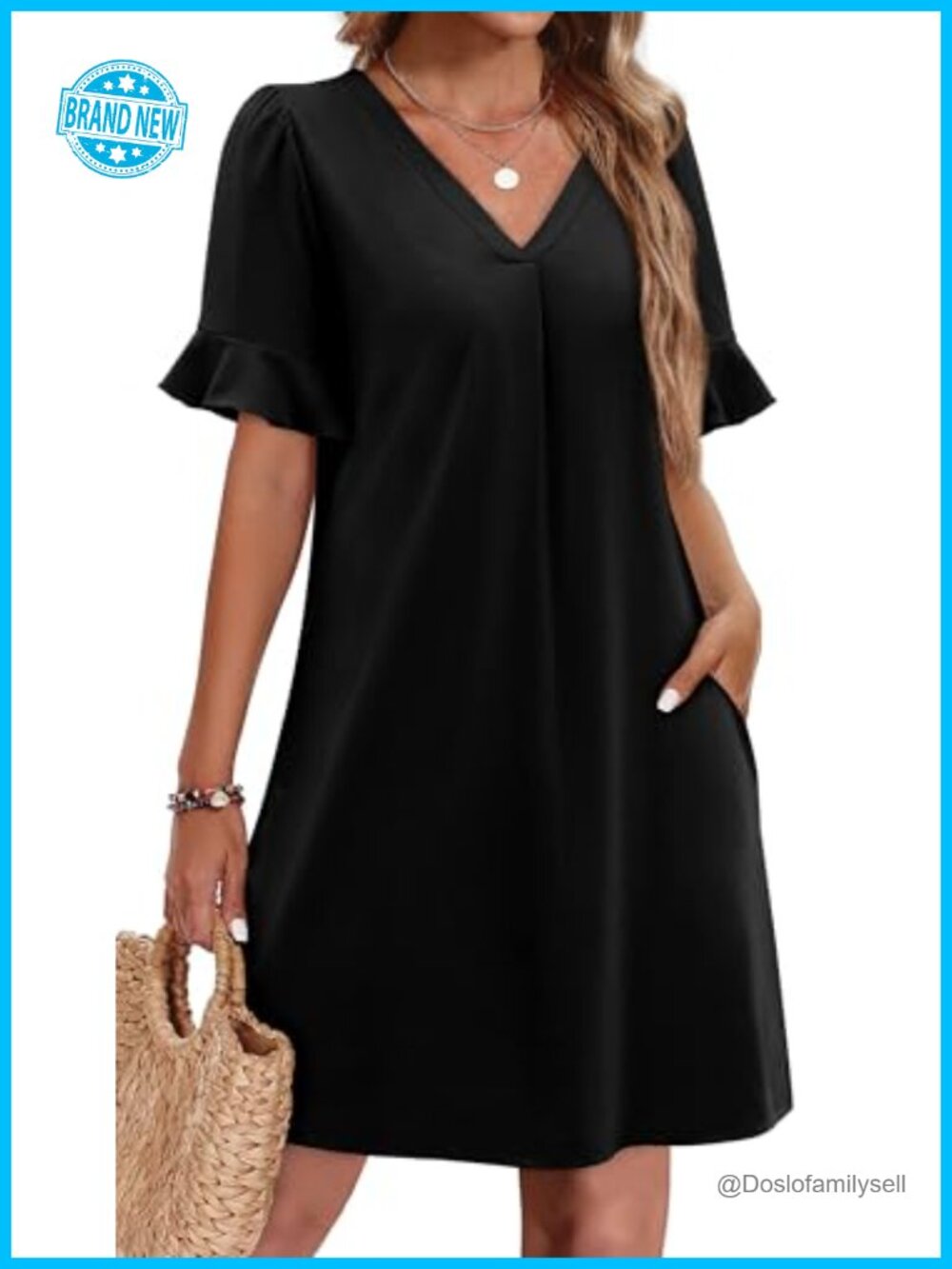 Women's Summer Ruffle Short Sleeve V Neck Casual Shift Dress with Pockets